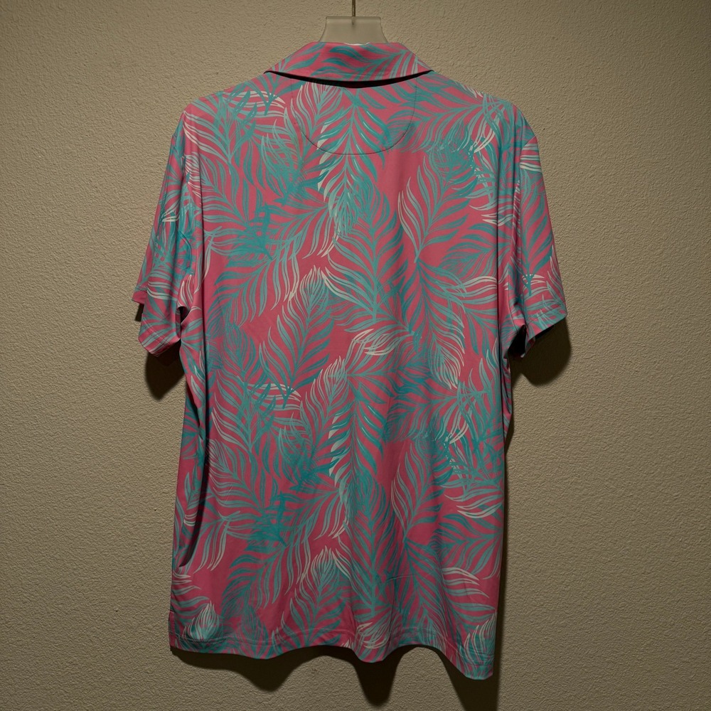 Birdie & Bound Mens L G Tropical Palm Leaf Golf Polo‎ Shirt Pink Teal - Picture 4 of 4